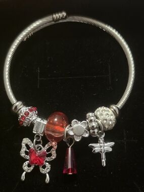 Silver Charm Bracelet with Red Crystal Charms